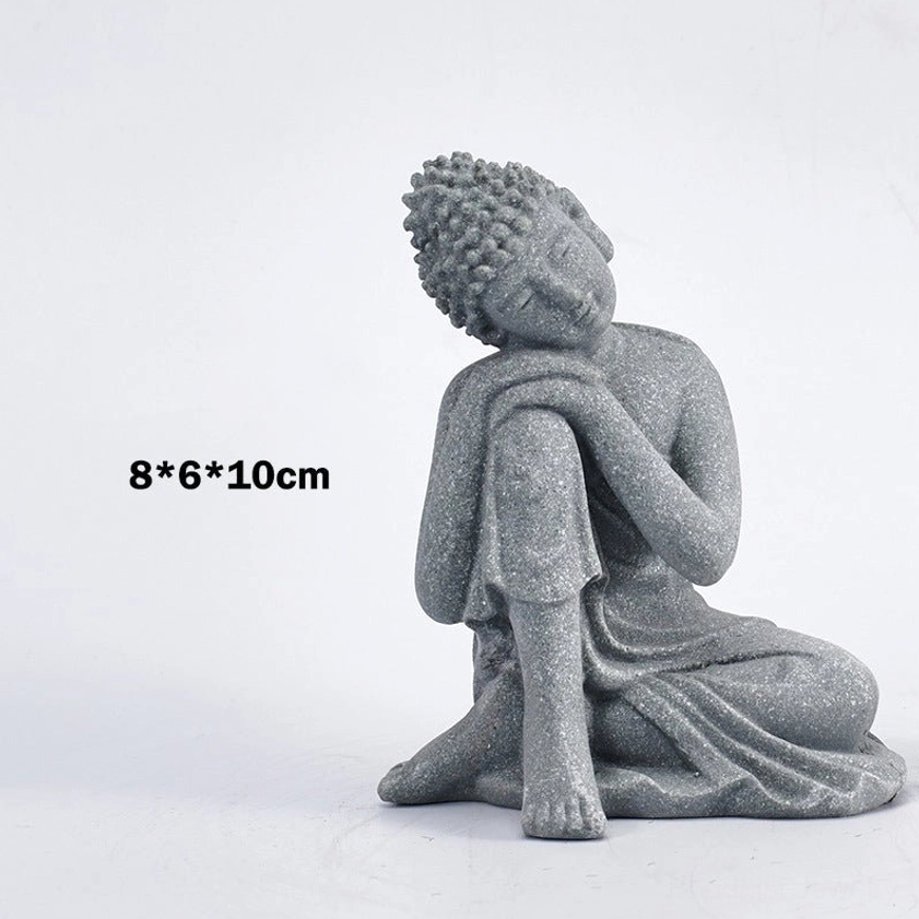 Authentic handcrafted Buddhist meditation statue in natural sandstone, spiritual decoration for mindfulness and inner peace
