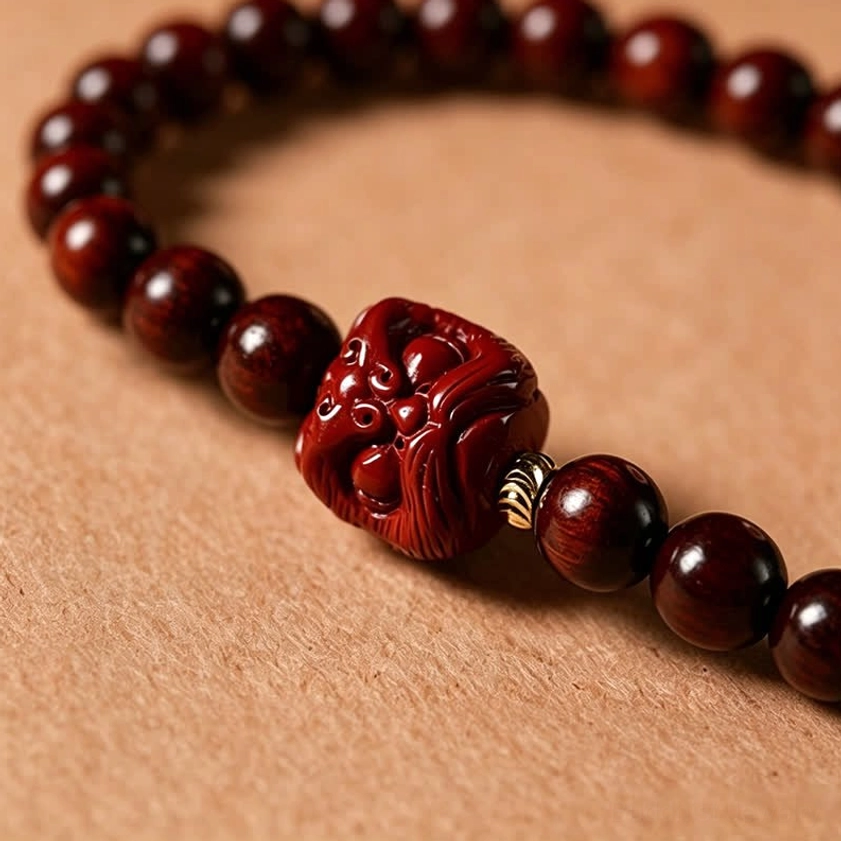 Authentic Buddhist prayer mala beads made from red rosewood displaying individual 6mm beads with natural color variation and patina development