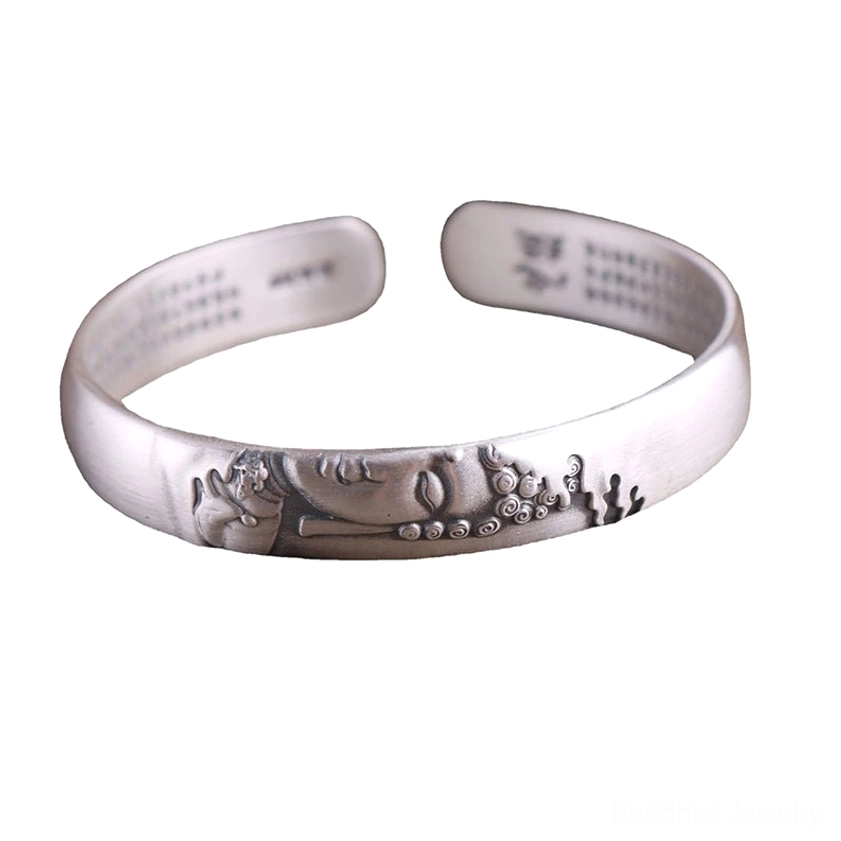 Authentic 999 sterling silver Buddha cuff bracelet with intricate Heart Sutra etchings, timeless design for protection, good fortune, and inner peace