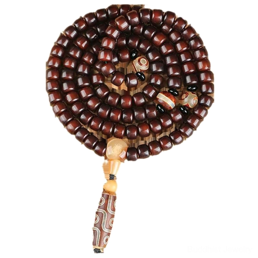Authentic dzi mala bracelet featuring protective stones, jade prosperity beads, and bodhi seeds for Buddhist spiritual practice and energy work