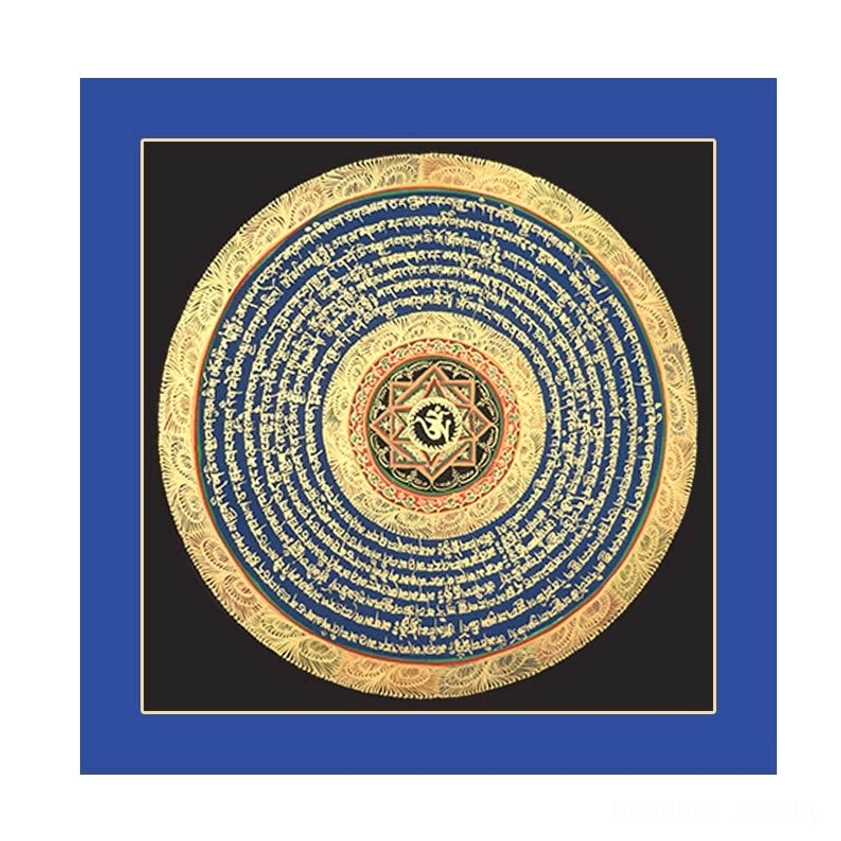 Authentic hand-painted Buddhist thangka scroll with vibrant colors and ornate golden scripture patterns, showcasing traditional artisan craftsmanship