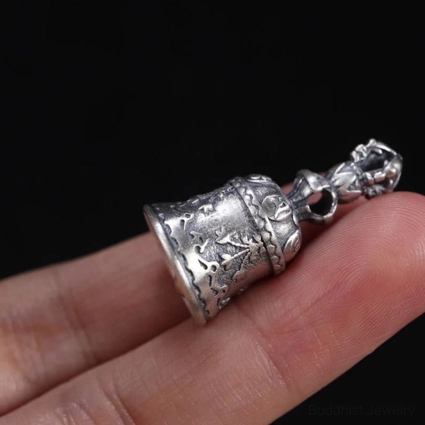 Authentic handmade 925 sterling silver dorje bell pendant with sacred Buddhist mantras and enlightenment symbolism