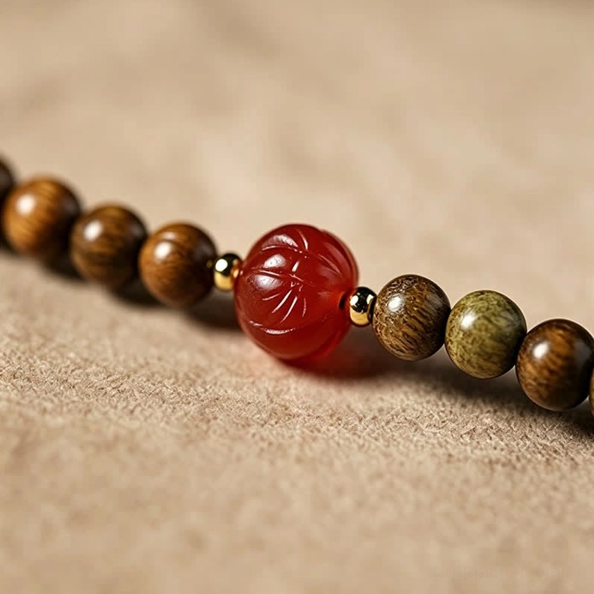 Authentic hand-woven sandalwood Buddhist mala bracelet with jade accents and natural materials
