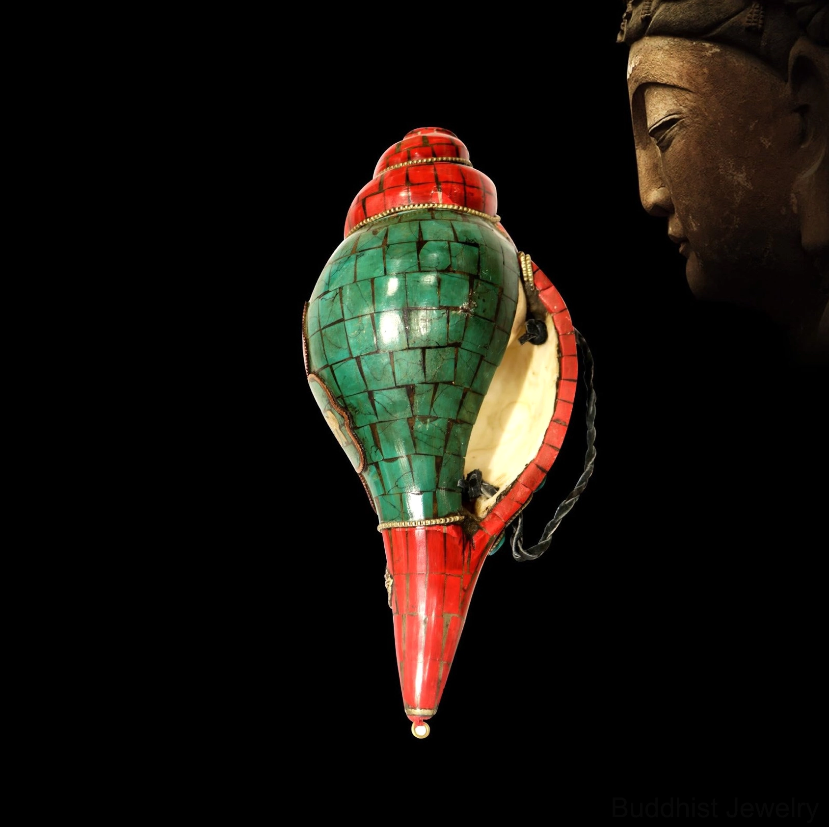 Authentic Shankha Buddhist conch decoration featuring sacred Om Mani Padme Hum mantra engravings