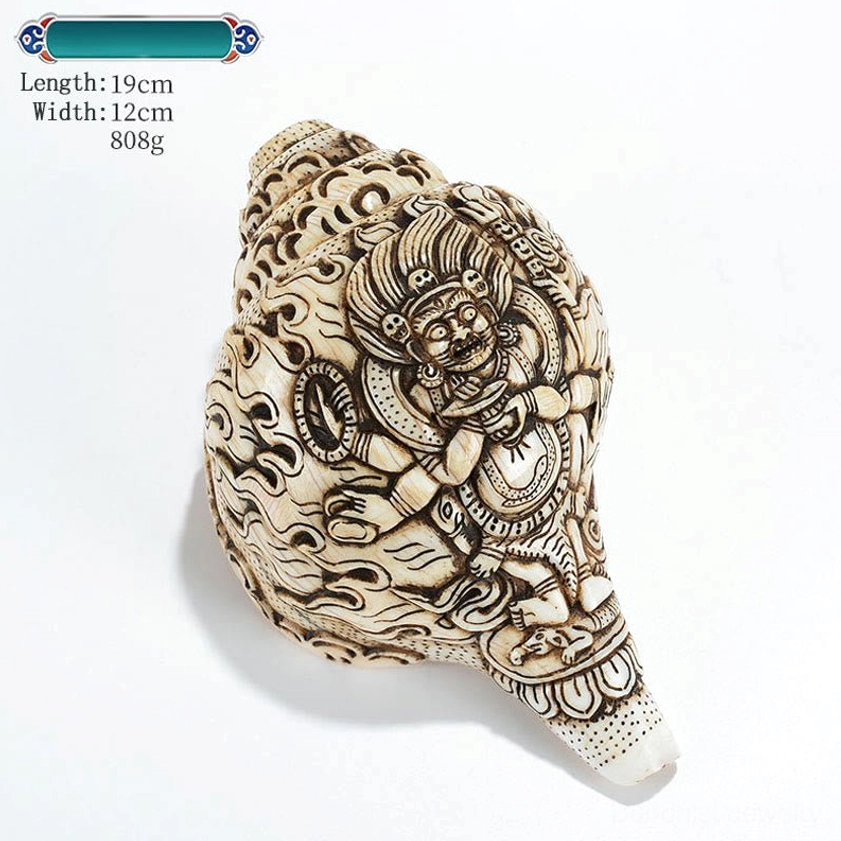 Authentic Tibetan Buddhist Conch Shell Sculpture with Master Artisan Hand-Carved Deity Imagery