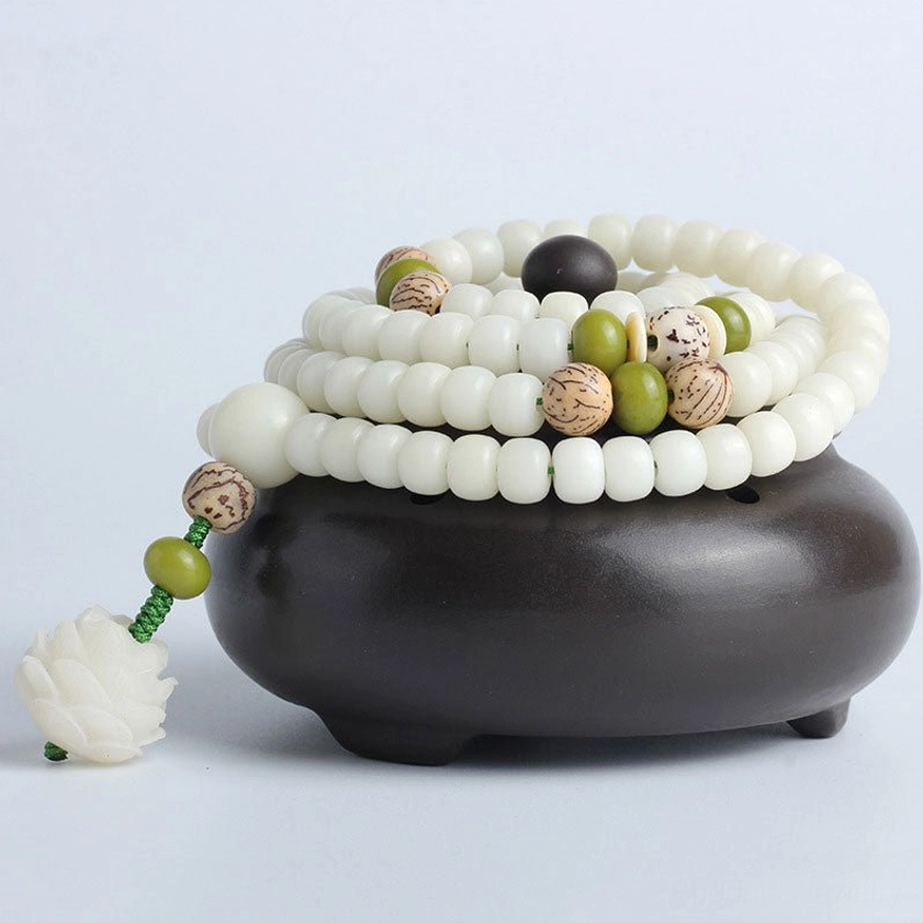 Authentic white bodhi beads with carved lotus pendant, Buddhist prayer mala for spiritual practice