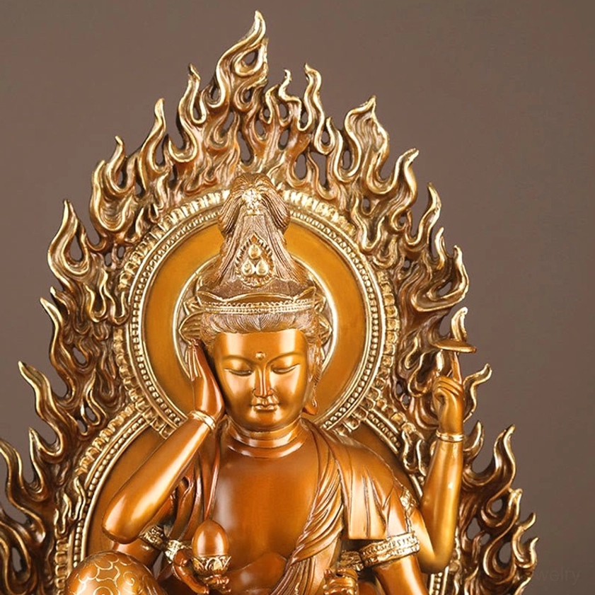 Guanyin Avalokiteshvara statue close-up frontal view highlighting intricate flame halo and ornate crown details