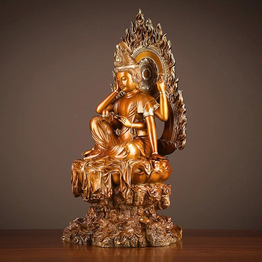 Avalokiteshvara four-armed Buddha statue frontal view with hand-on-cheek compassion gesture and detailed rock base