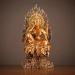 Four-armed Avalokiteshvara brass statue frontal view with flame halo and rock base, antique golden-bronze finish