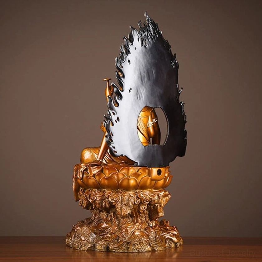 Avalokiteshvara statue rear view displaying hollowed ornamental flame backplate and lotus base design
