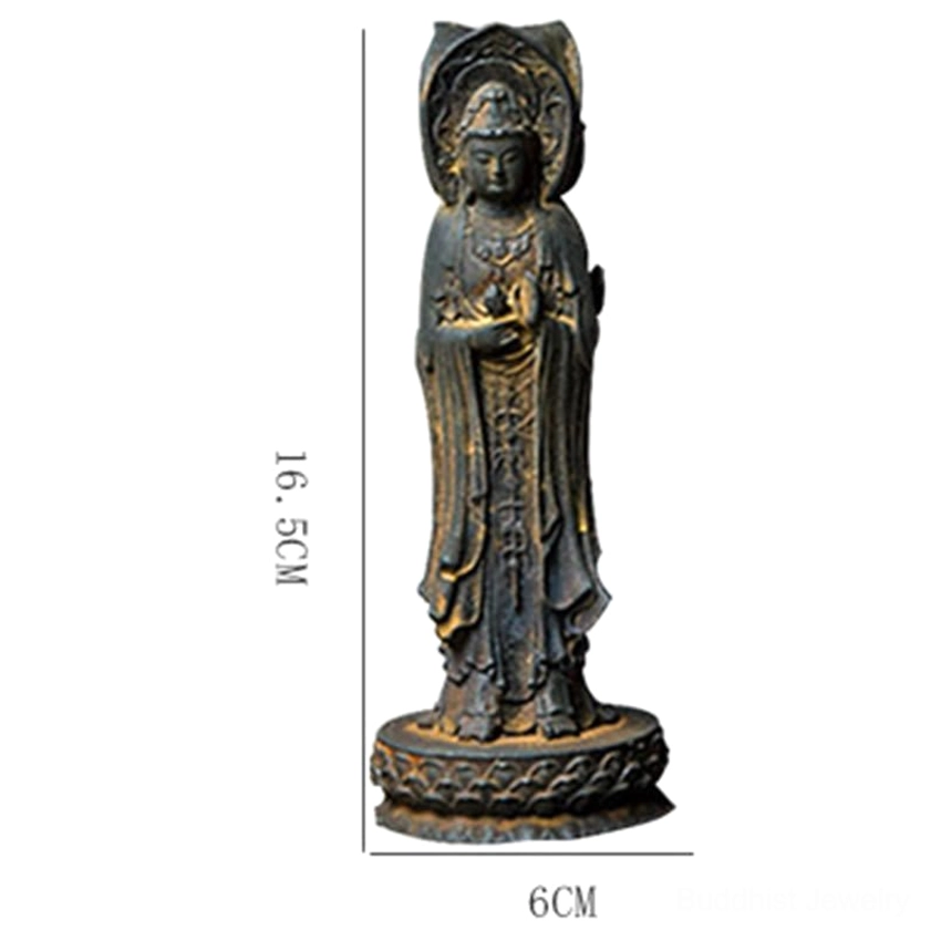 Avalokitesvara triple-face resin statue altar display with traditional Buddhist aesthetic