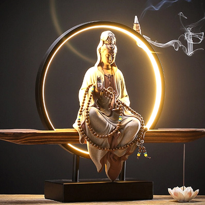 Beige ceramic Avalokitesvara incense burner with long prayer beads, circular LED halo, and lotus tray