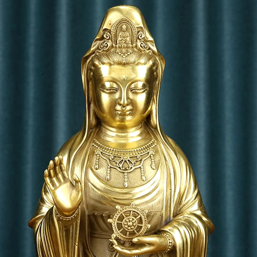 Avalokitesvara brass statue detailed view lotus pedestal sacred iconography