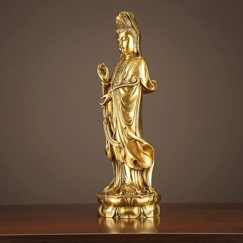 Avalokitesvara brass statue right side view intricate robe folds golden bronze finish