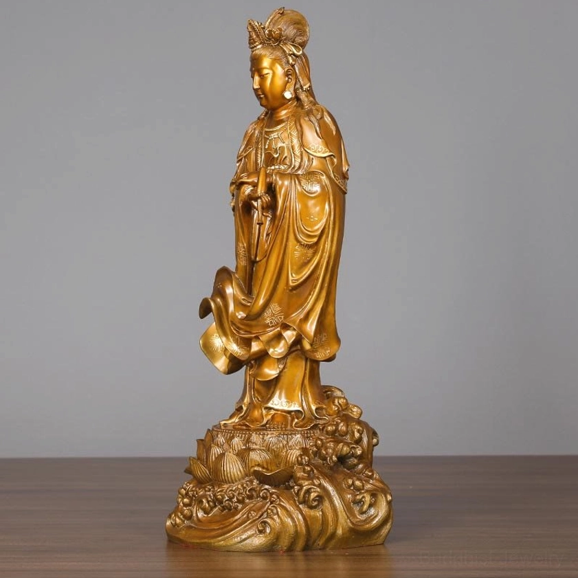 Handcrafted Avalokitesvara bodhisattva statue in warm bronze copper finish with sacred vase symbol and protective spiritual presence