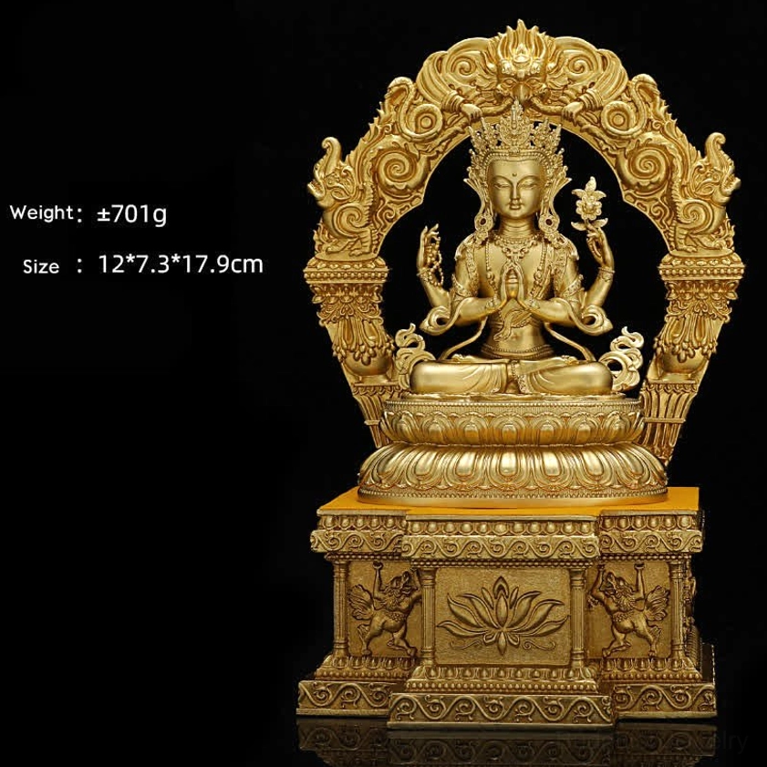 Four-armed Avalokitesvara Bodhisattva copper statue with ornate pedestal and traditional lotus decoration