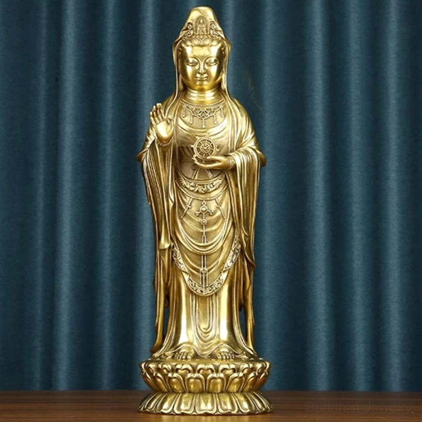 Avalokitesvara brass bodhisattva statue dharma wheel compassion symbol altar decor