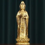 Avalokitesvara brass bodhisattva statue holding dharma wheel with golden bronze finish front view