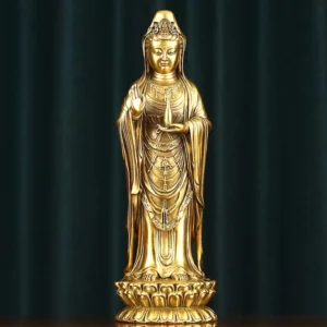 Avalokitesvara brass bodhisattva statue holding dharma wheel with golden bronze finish front view