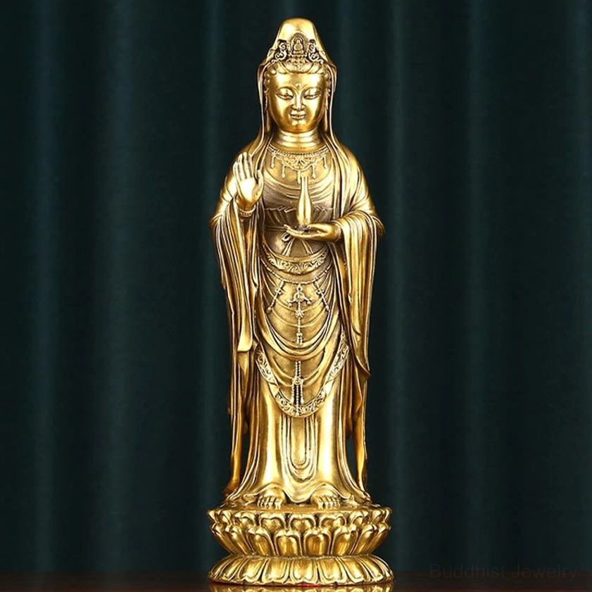 Avalokitesvara brass bodhisattva statue holding dharma wheel with golden bronze finish front view