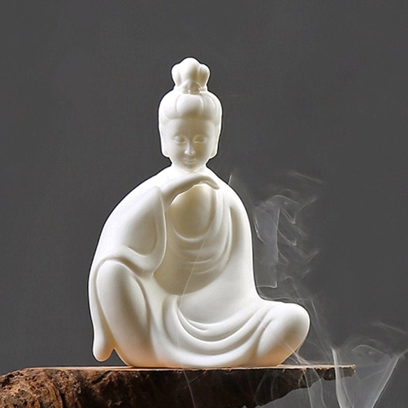 Avalokitesvara Bodhisattva handcrafted ceramic decoration with divine hand gesture, protection energy, matte white finish