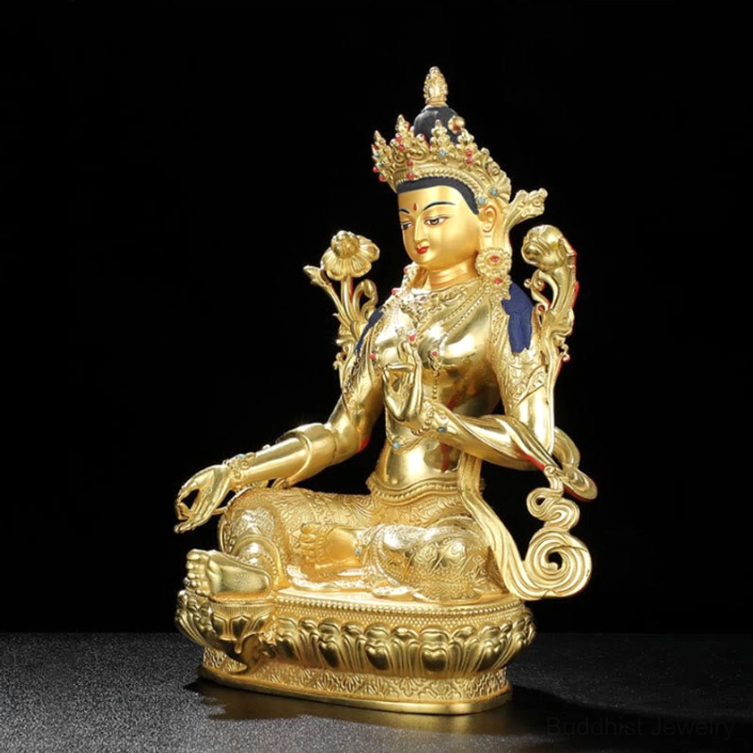 Avalokitesvara bodhisattva statue right side view seated pose gold gilded finish