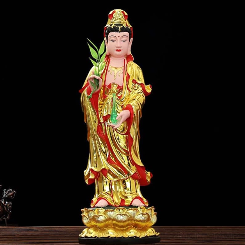 Avalokitesvara Bodhisattva resin statue with gold-gilded robes, jade vase and willow branch, lotus base - front view