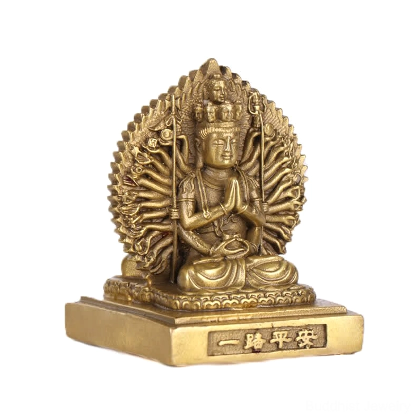 Avalokitesvara Bodhisattva three-quarter side view showing detailed thousand-hand carvings and lotus base