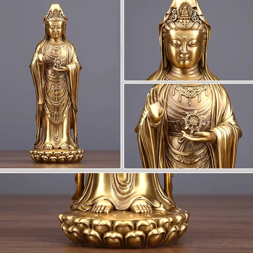 Detailed close-up of Avalokitesvara brass statue intricate robe carvings and dharma wheel