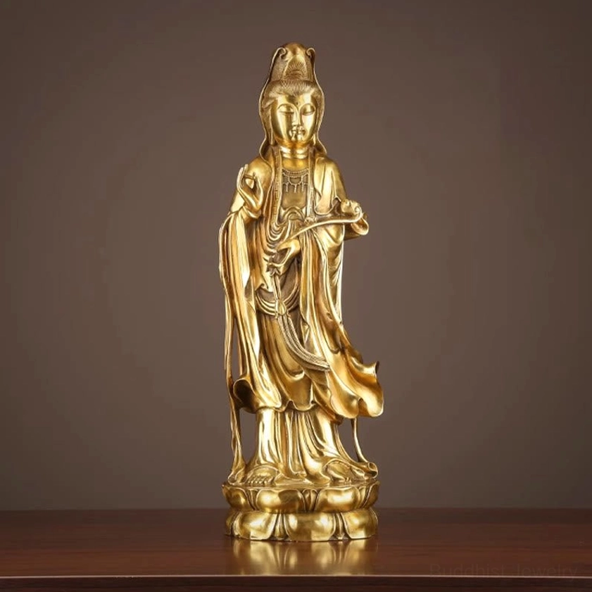Avalokitesvara brass statue left side profile hand gesture dharma wheel polished bronze