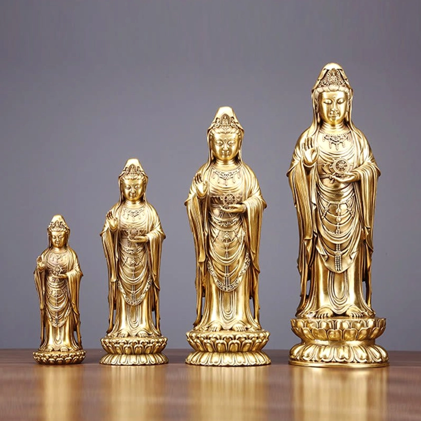 Four-size set of handmade Avalokitesvara brass statues showing different heights and proportions