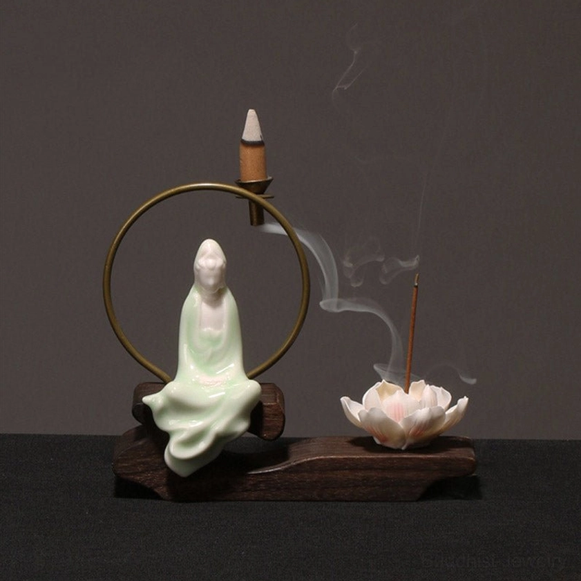 Avalokitesvara Buddhist Goddess incense burner with ceramic lotus holder, sacred compassion figure backflow decoration