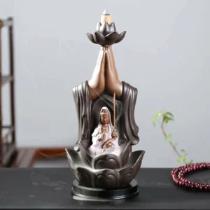 Avalokitesvara Ceramic Backflow Incense Burner - Front View with Lotus Base and Sacred Deity Sculpture