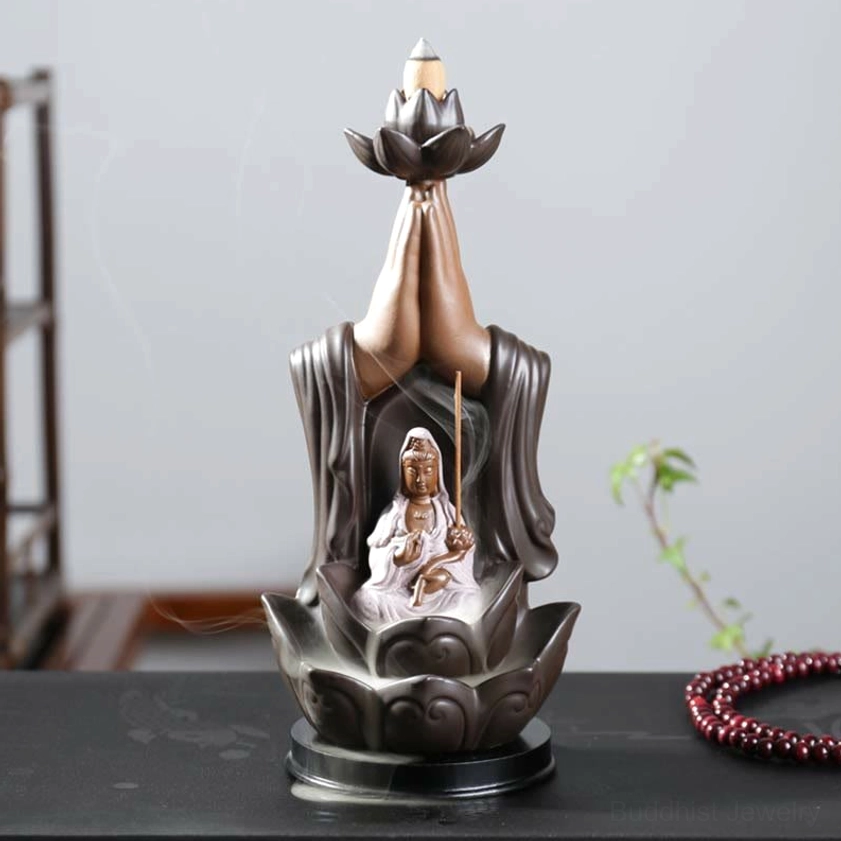 Avalokitesvara Ceramic Backflow Incense Burner - Front View with Lotus Base and Sacred Deity Sculpture
