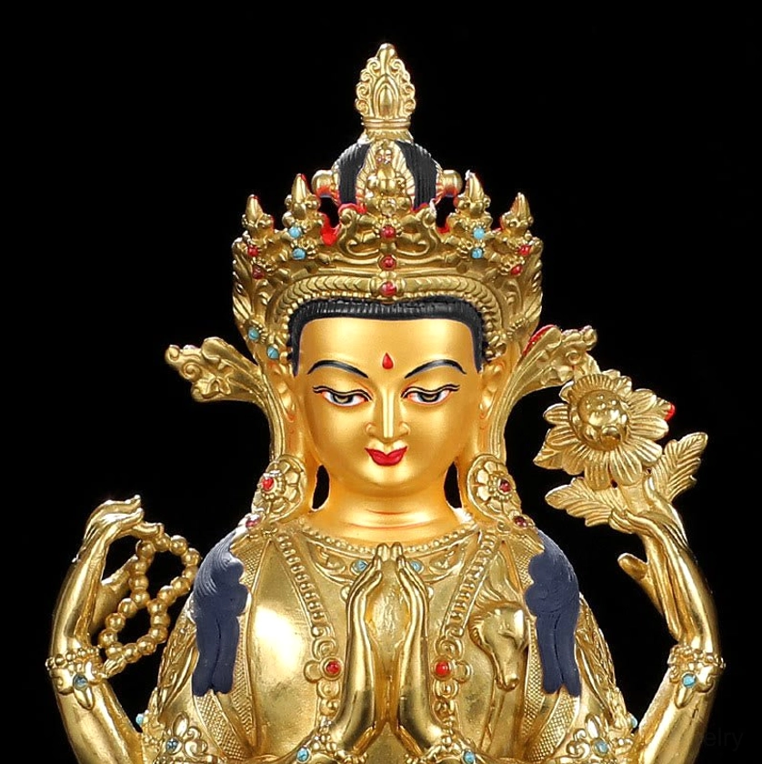 Avalokitesvara Chenrezig gilt bronze statue detail view craftsmanship inlay work