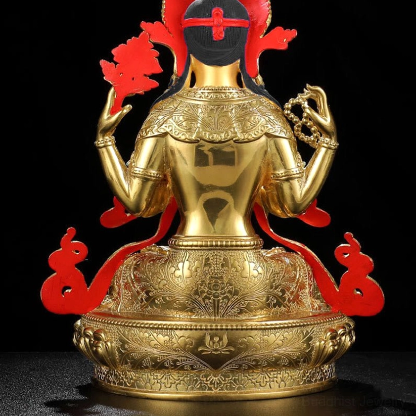 Avalokitesvara Chenrezig handmade bronze statue with natural coral turquoise gemstones