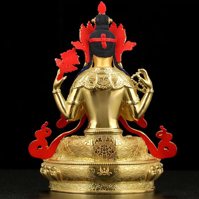Avalokitesvara Chenrezig statue rear back view red ornaments engraved lotus base