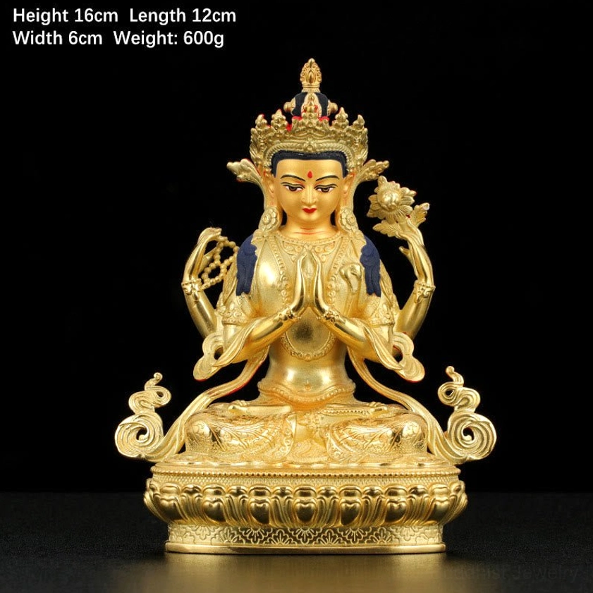 Avalokitesvara Chenrezig 5 inch small bronze statue direct front facing gold plated finish