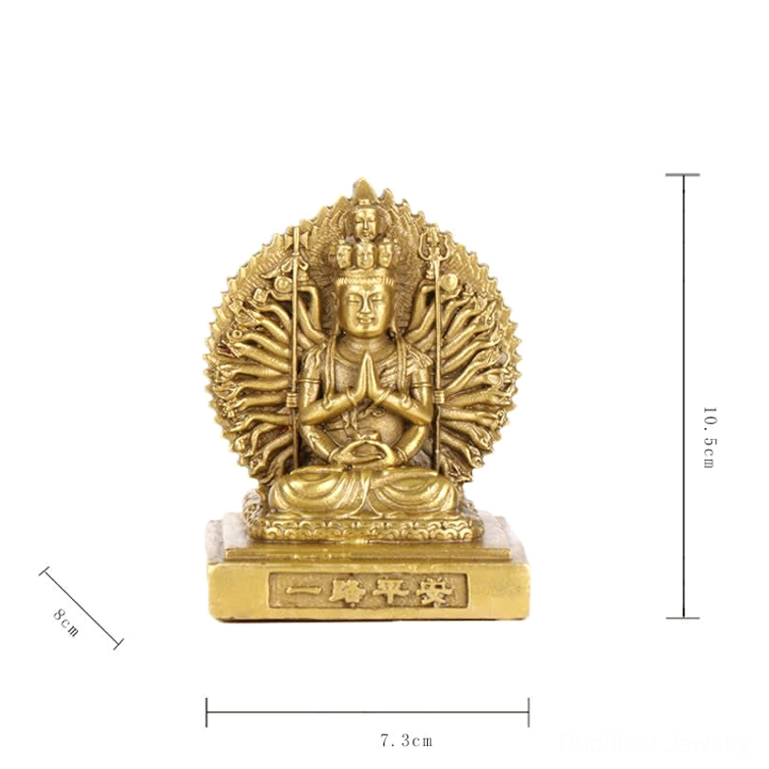 Thousand-armed Avalokitesvara copper buddha statue complete view showing all decorative elements and gold-plated finish