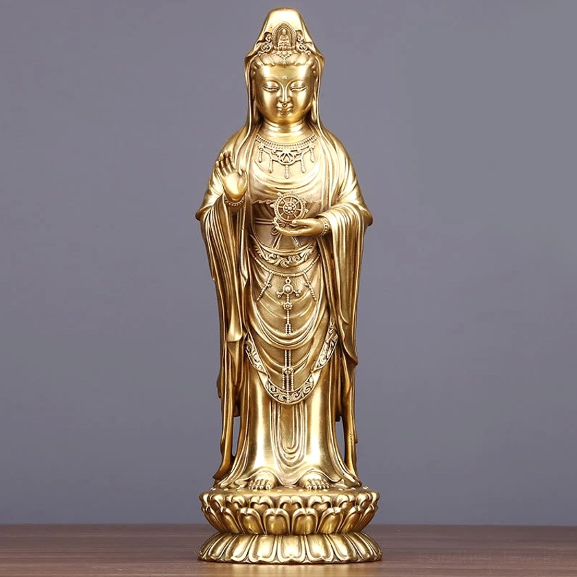 Front view Avalokitesvara brass bodhisattva holding dharma wheel on lotus base