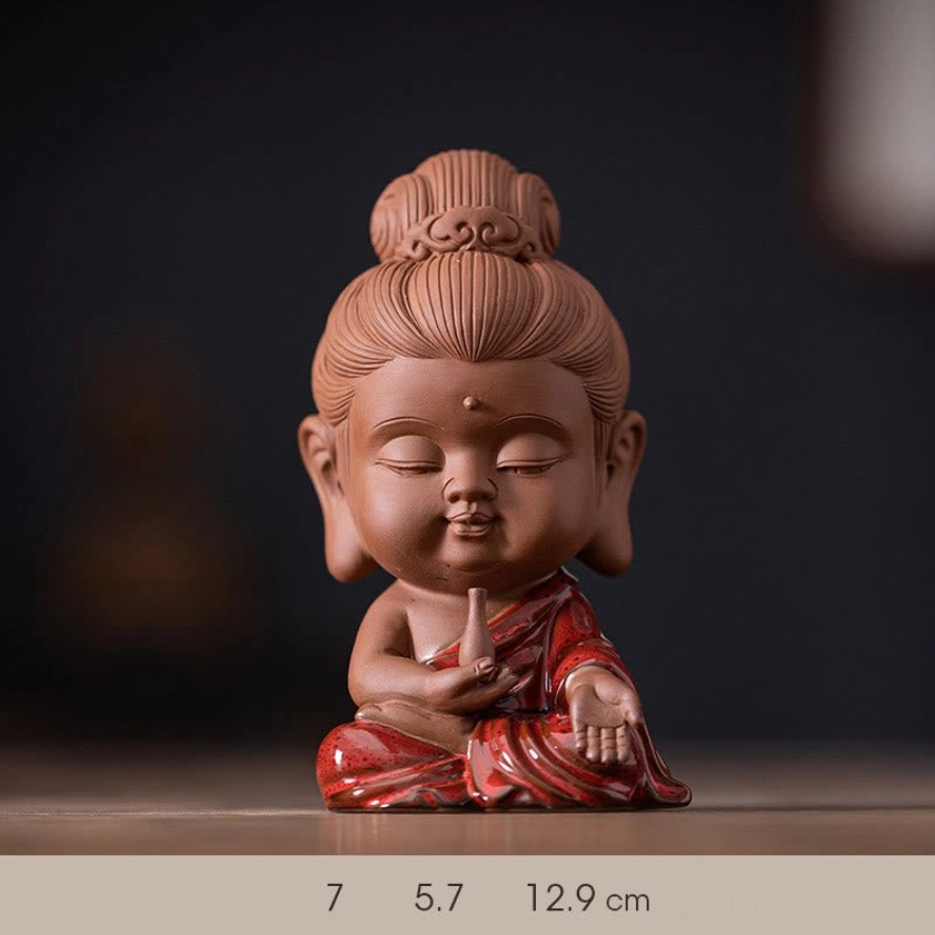 Avalokitesvara Guan Yin figurine front view miniature statue ceramic with red robes for compassion wealth and career advancement blessings