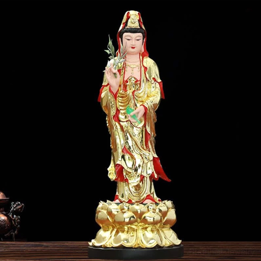 Avalokitesvara figurine polished gold finish with jade vase and plant, intricate details - front view