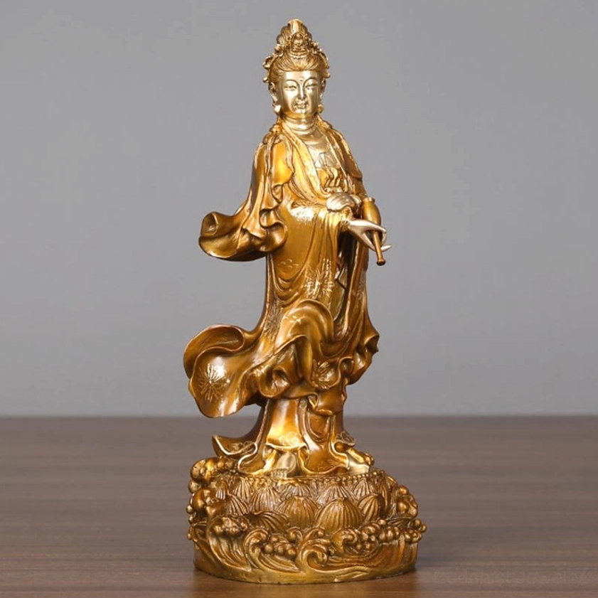 Avalokitesvara meditation altar setup featuring Guan Yin bodhisattva brass statue with sacred vase for spiritual practice