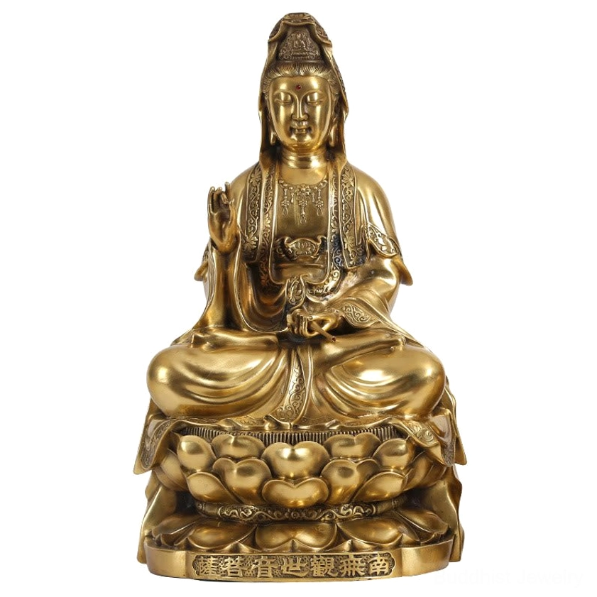 Avalokitesvara Guanyin brass statue complete view, polished golden surface, hand-finished artisan craftsmanship, altar decoration