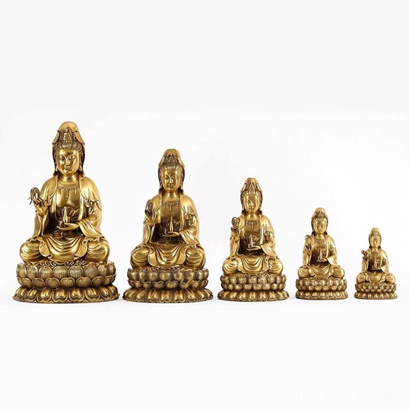 Avalokitesvara Guanyin brass statue complete figure frontal display with all sizes showing scale comparison