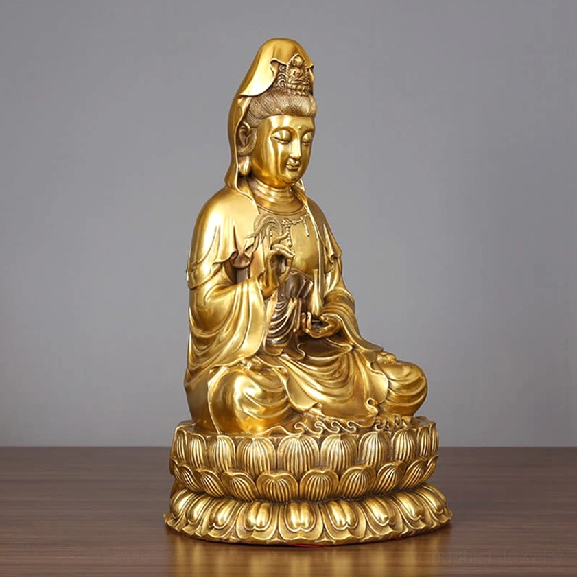 Avalokitesvara Guanyin brass statue rear view showing ornate back design and robe details