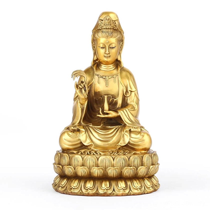 Avalokitesvara Guanyin brass statue close-up frontal view with lotus throne base on light gray background