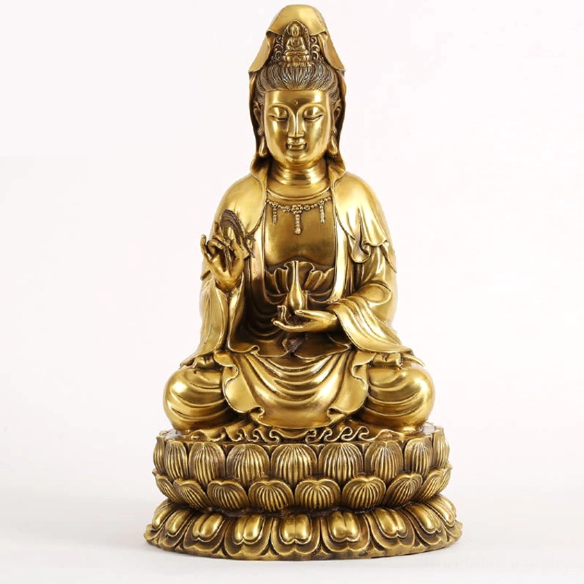 Large Avalokitesvara Guanyin brass statue 33x28x55cm with intricate jewelry details and healing vase
