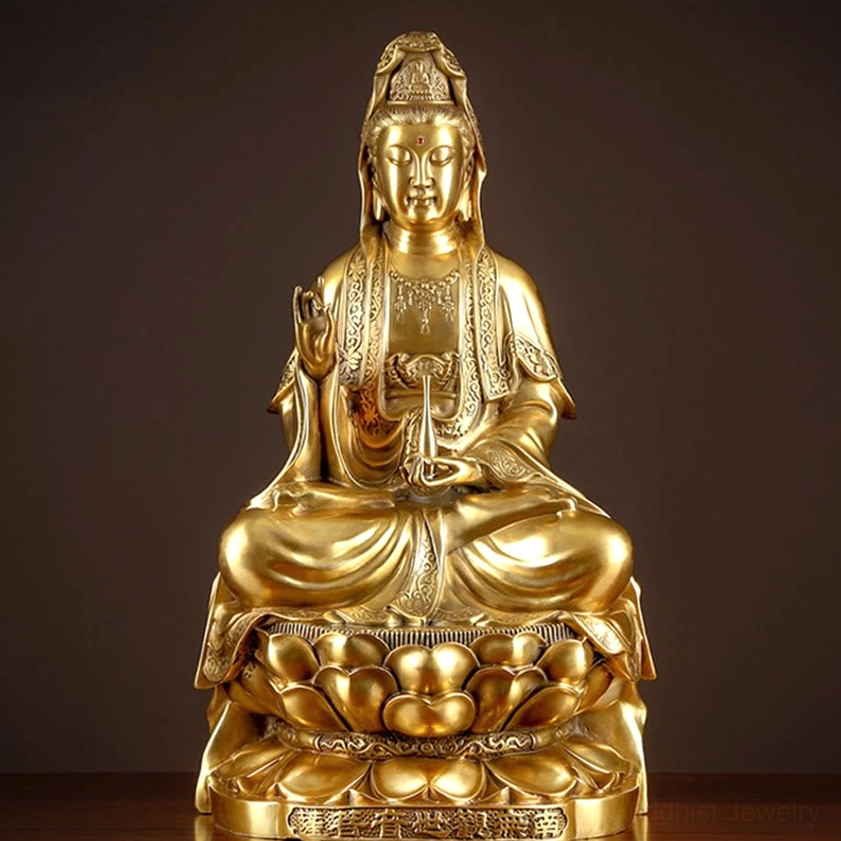 Avalokitesvara Guanyin brass statue full front view, polished golden finish, intricate lotus throne and carved robe details