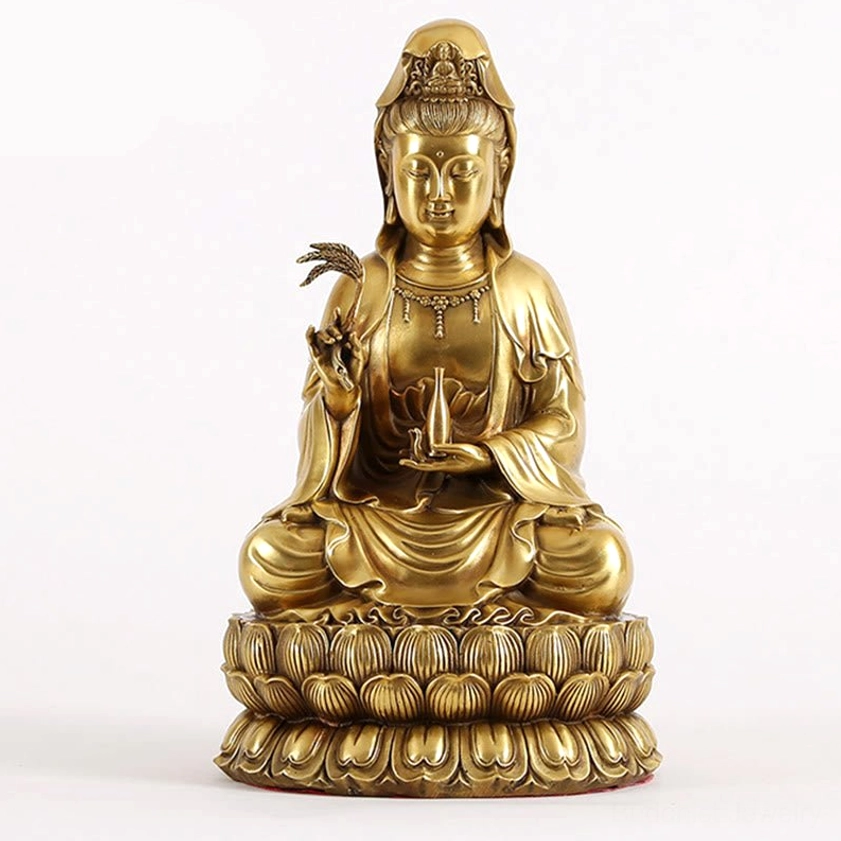 Avalokitesvara Guanyin brass statue frontal view with vase in left hand and willow in right hand on light background